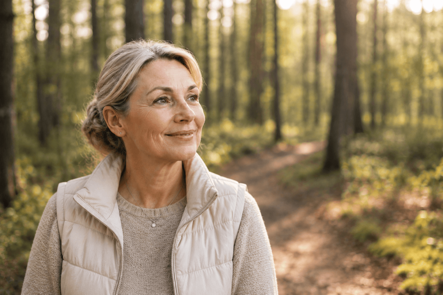 Frau beim Spazierengehen im Wald — Ruhe und Entspannung im Alltag