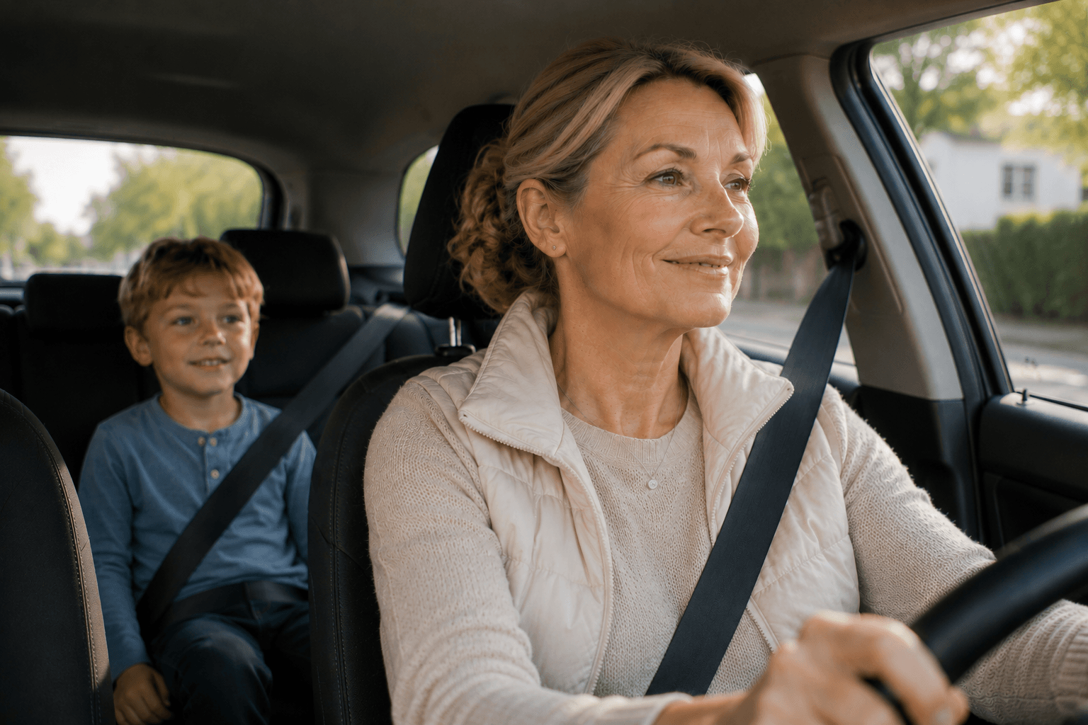 Großmutter mit ihrem Enkelkind auf der Rückbank des Autos