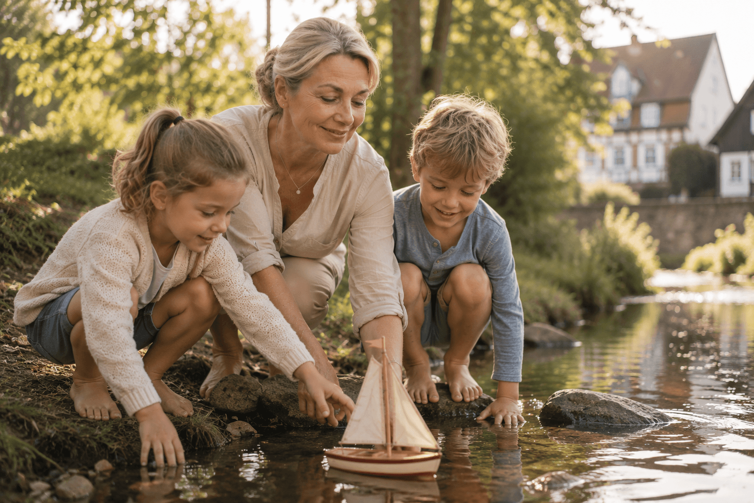 Großmutter genießt einen gemeinsamen Nachmittag am Bach mit ihren Enkelkindern