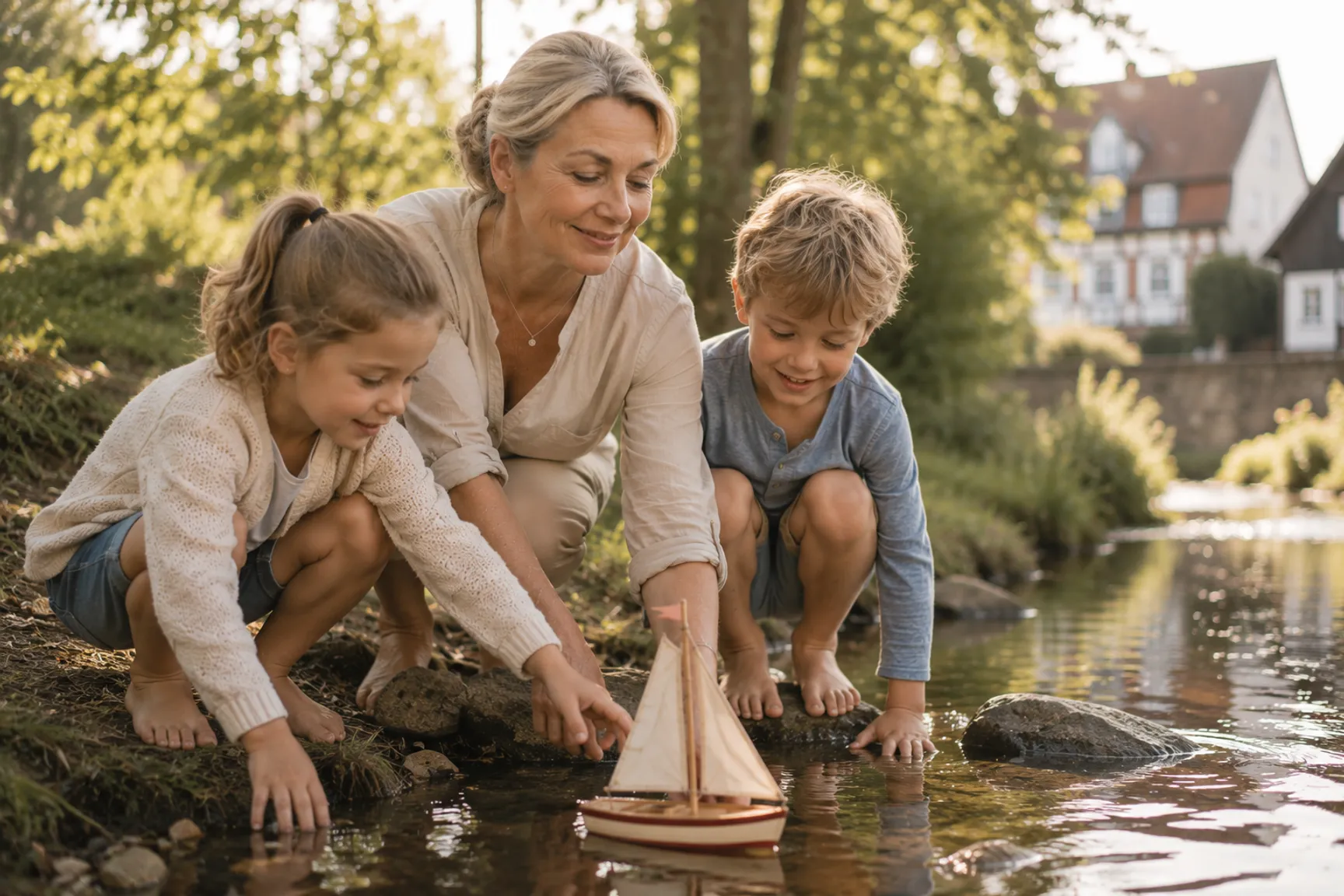 Eine Frau hockt mit zwei Kindern am Ufer eines Bachs und schiebt ein hölzernes Segelboot ins Wasser.