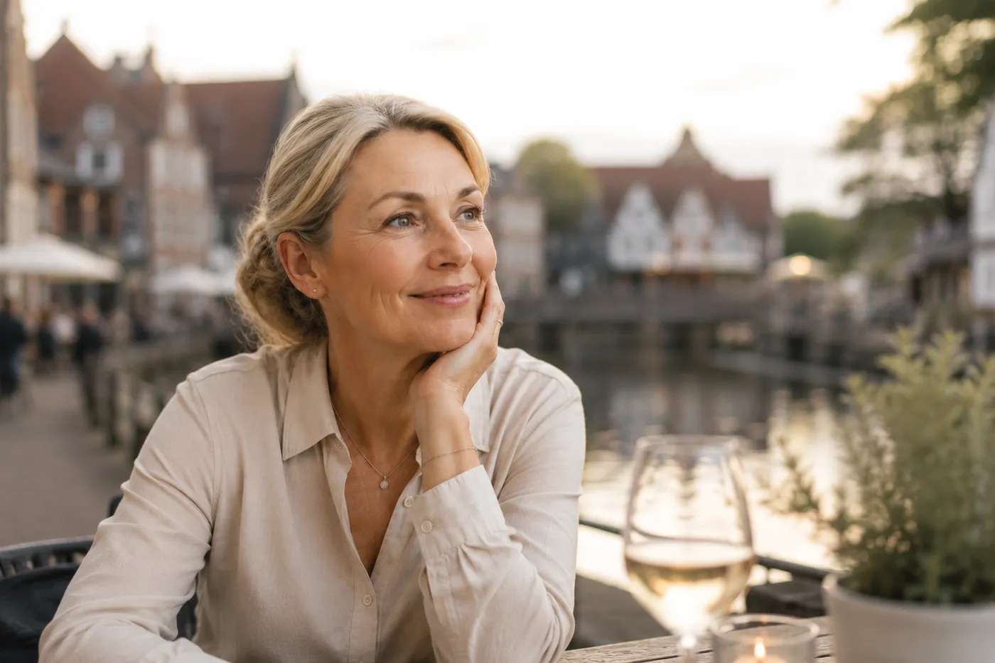 Eine Frau sitzt am Abend an einem Tisch vor einem Restaurant am Fluss, die Wange in die Hand gestützt, und blickt zur Seite.
