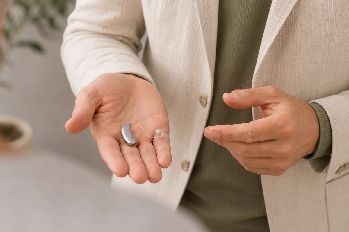 Ein Berater im hellen Sakko zeigt ein kleines Hörsystem auf seiner offenen Hand.