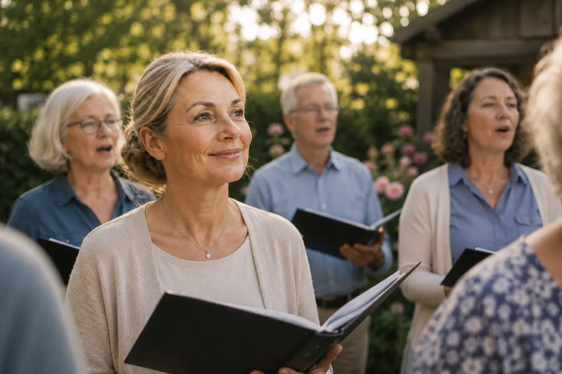Eine Frau singt im Freien in einem Chor, die Notenmappe in beiden Händen, hinter ihr weitere Sängerinnen und Sänger.