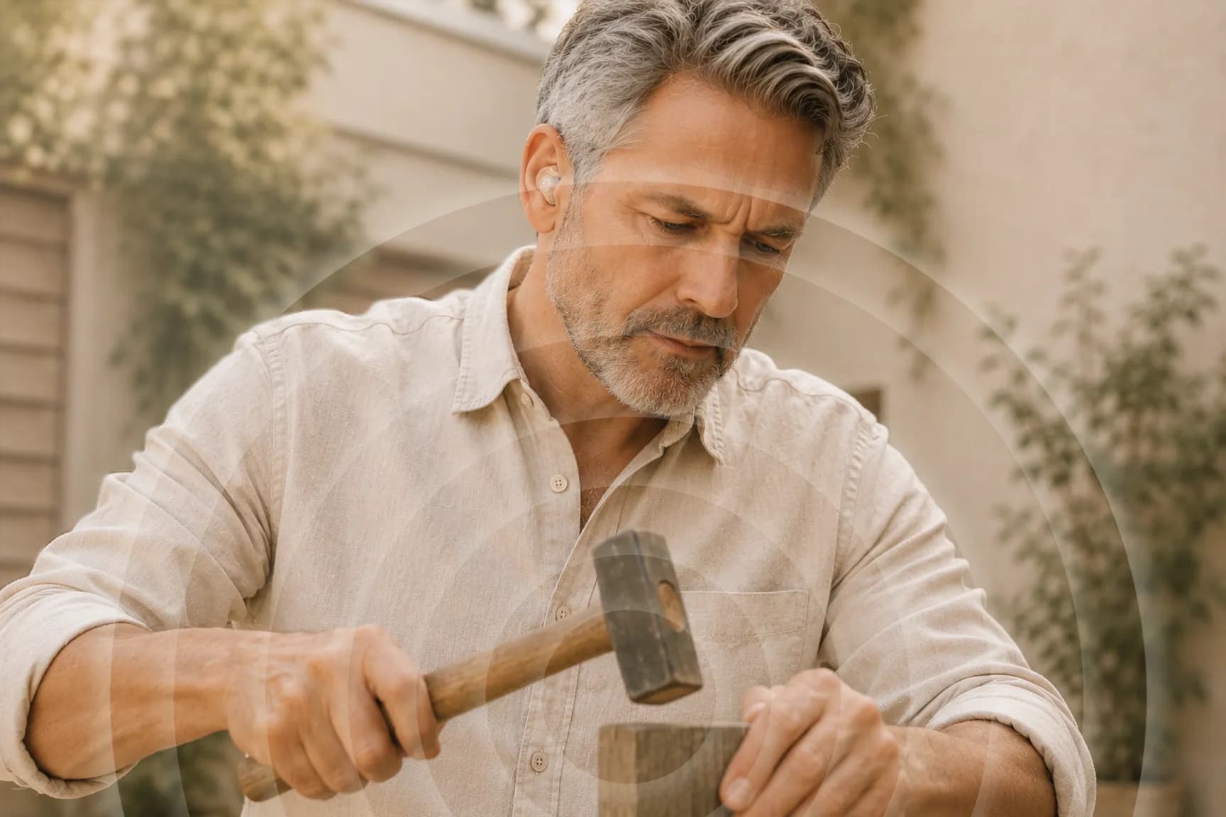Ein Mann mit grauem Haar schlägt im Garten mit einem Hammer auf einen Meißel; in seinem Ohr sitzt ein angepasster Gehörschutz.