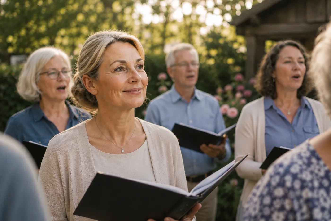 Mehrere Menschen singen im Freien aus schwarzen Notenmappen, im Vordergrund eine Frau in heller Strickjacke.