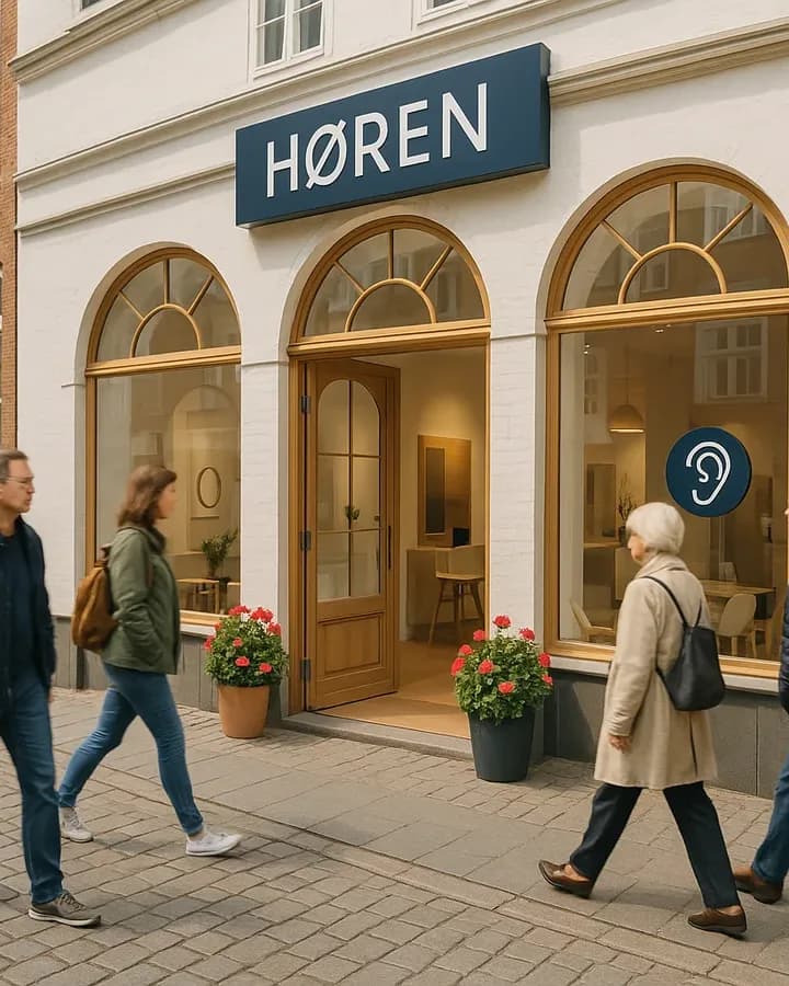 Ladenlokal von außen: helle Fassade mit großen Fenstern, Menschen gehen vorbei.