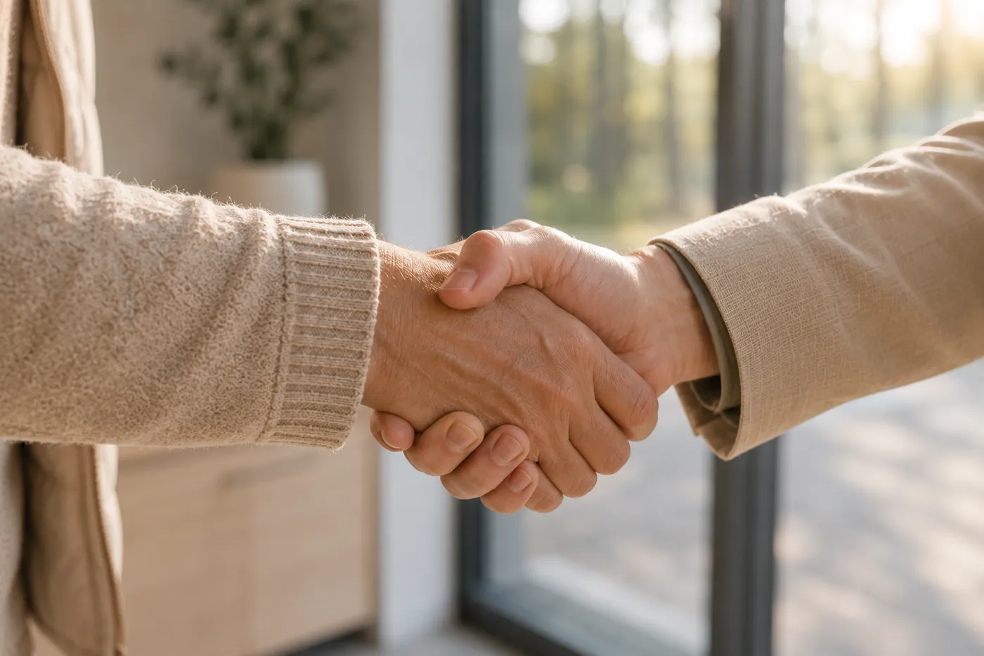 Zwei Menschen geben sich über einen Tisch hinweg die Hand.