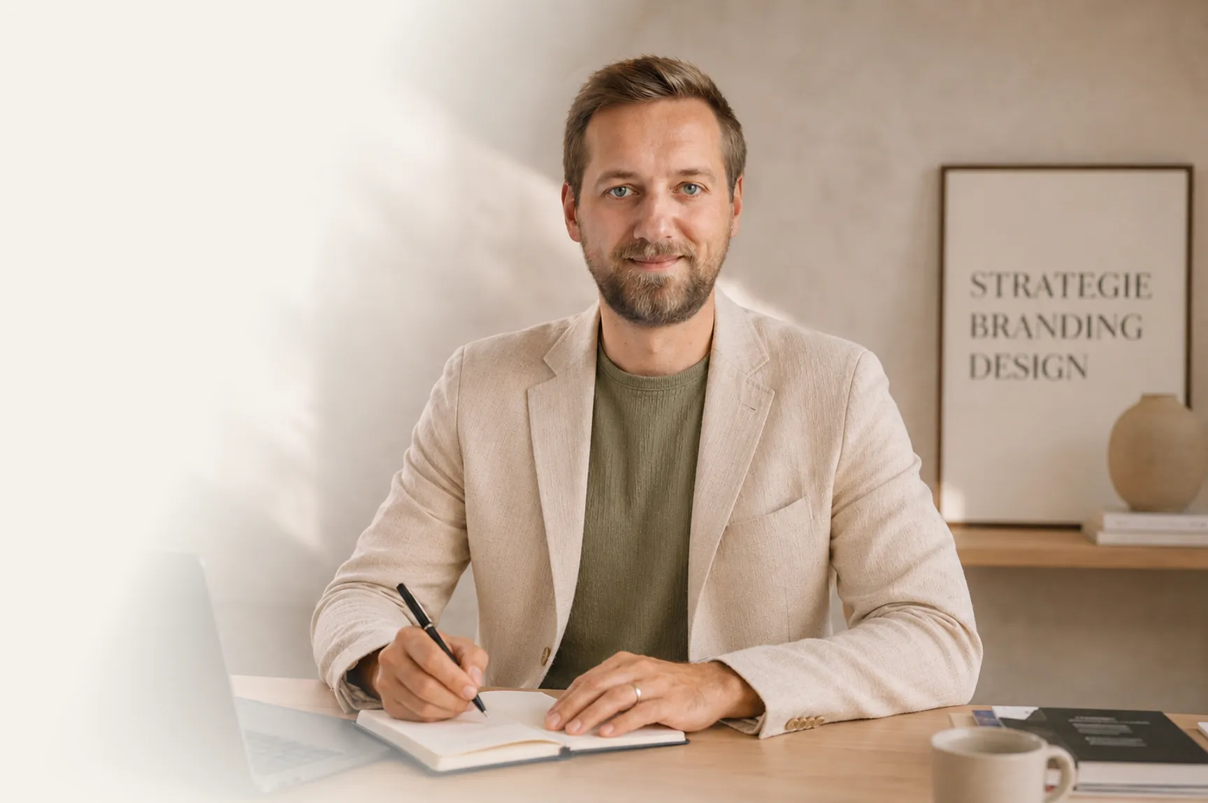 Ein Mann im hellen Sakko sitzt an einem Schreibtisch, schreibt in ein aufgeschlagenes Notizbuch und blickt auf.